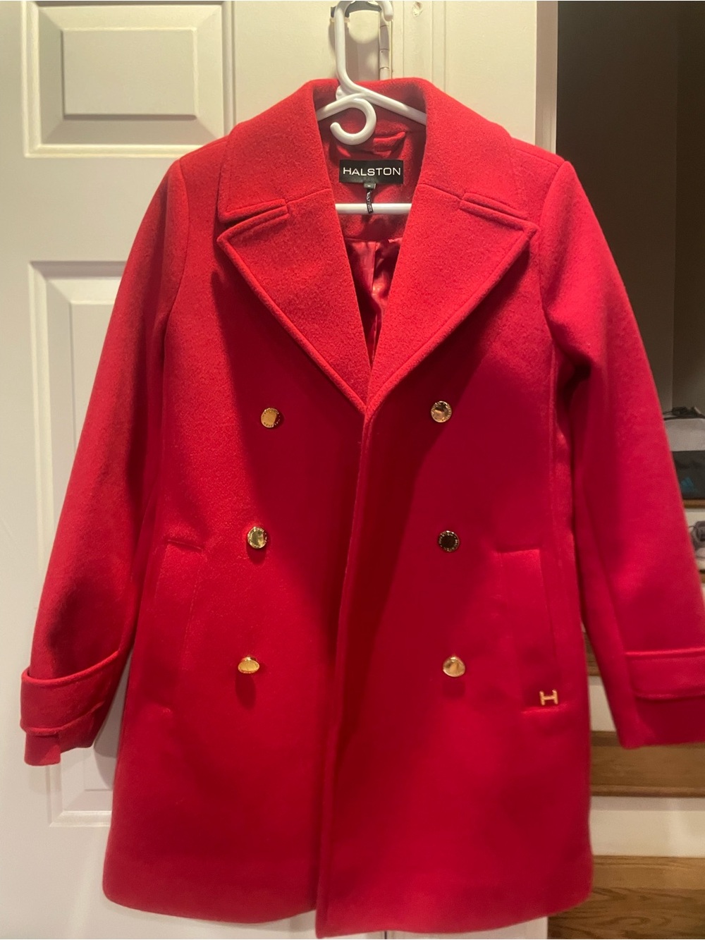 NWOT Halston Heritage Red Double-Breasted Pea Coat with Gold Buttons
